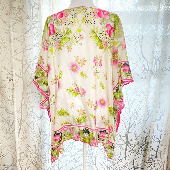 JOHNNY WAS white pink green floral print GALORE TASSEL TIE SILK PONCHO top - Picture 7 of 13